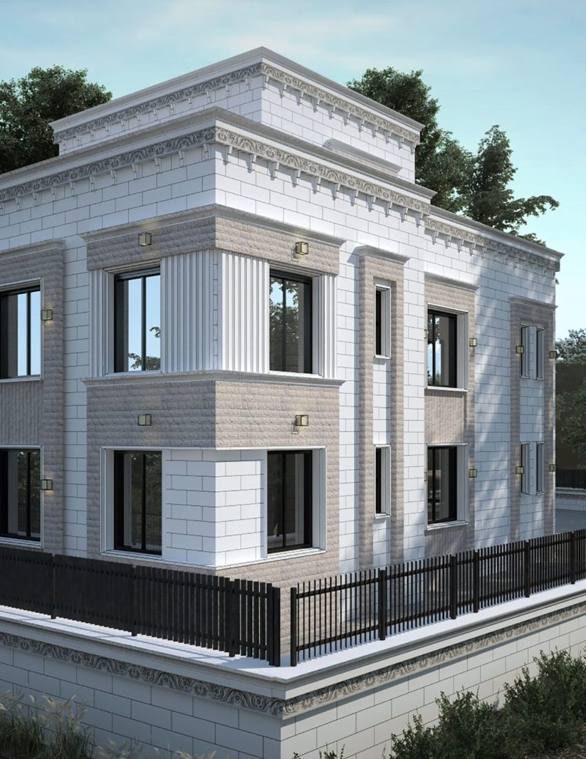 A luxurious modern mansion featuring elegant architecture set amidst lush greenery.